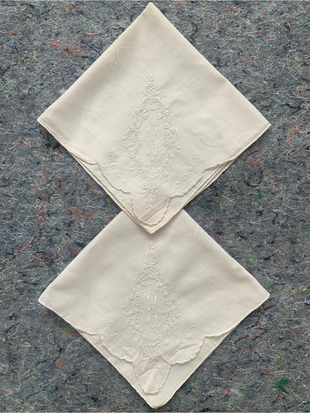 Antique E monogram floral embroidered white cotton handkerchief set of 2